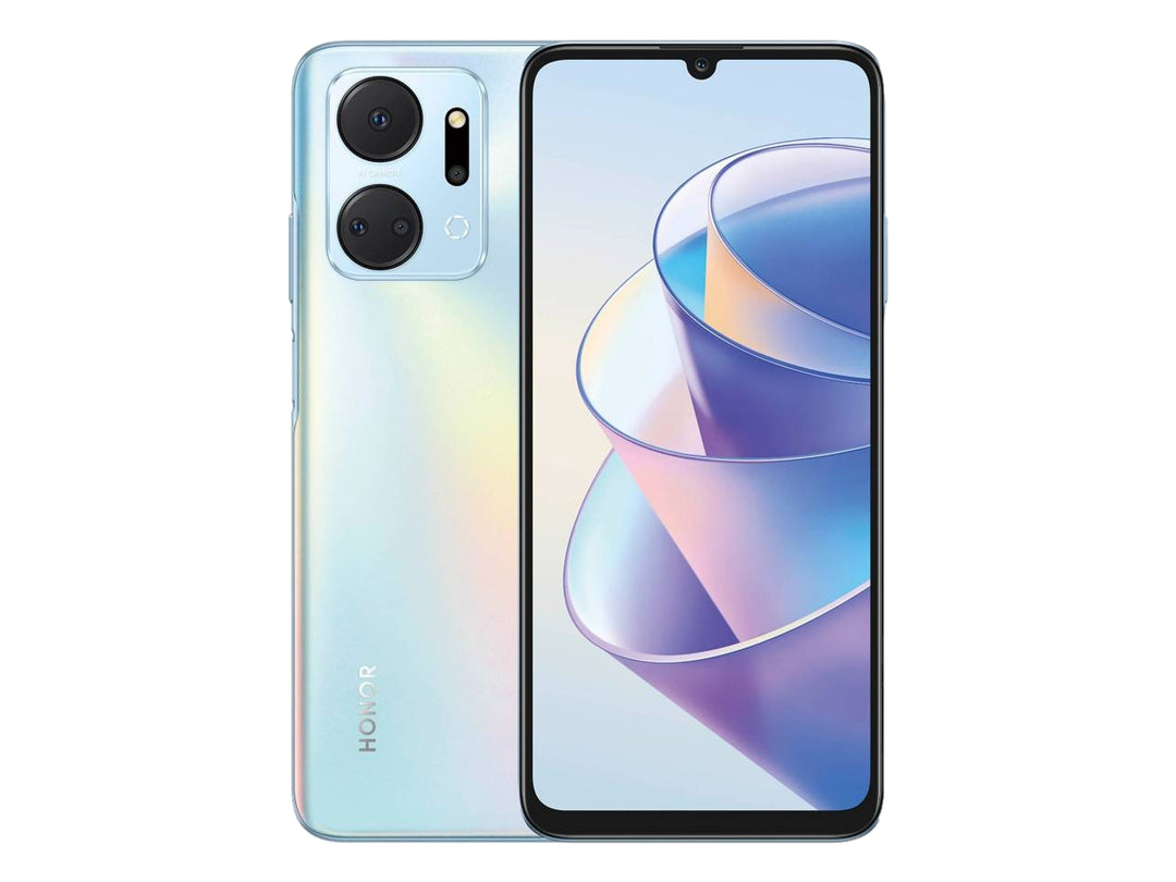 Smartphone HONOR X7A color plata, vista frontal y posterior.