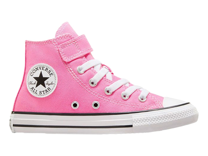 Tenis Converse Chuck Taylor All Star de color rosa para niño o niña, con cierre de velcro y agujetas blancas.