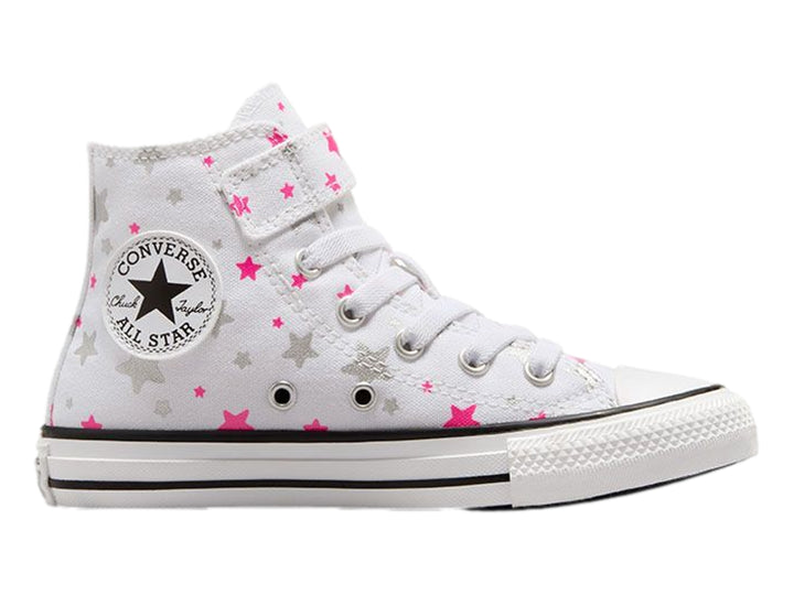 Tenis Converse blancos de bota alta para niño o niña con estampado de estrellas rosas y grises y cierre de velcro.