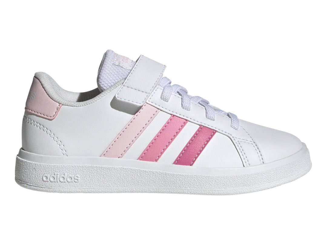 Tenis blancos Adidas Grand Court 2.0 EL K con tres franjas rosas y cierre de velcro.