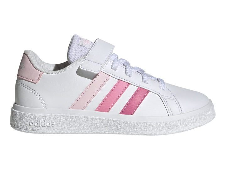 Tenis blancos Adidas Grand Court 2.0 EL K con tres franjas rosas y cierre de velcro.