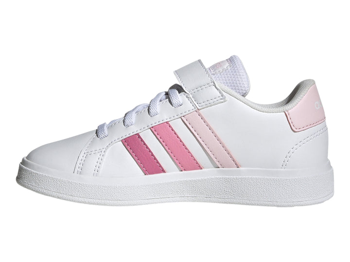 Tenis blancos Adidas Grand Court 2.0 EL K con tres franjas rosas y cierre de velcro.