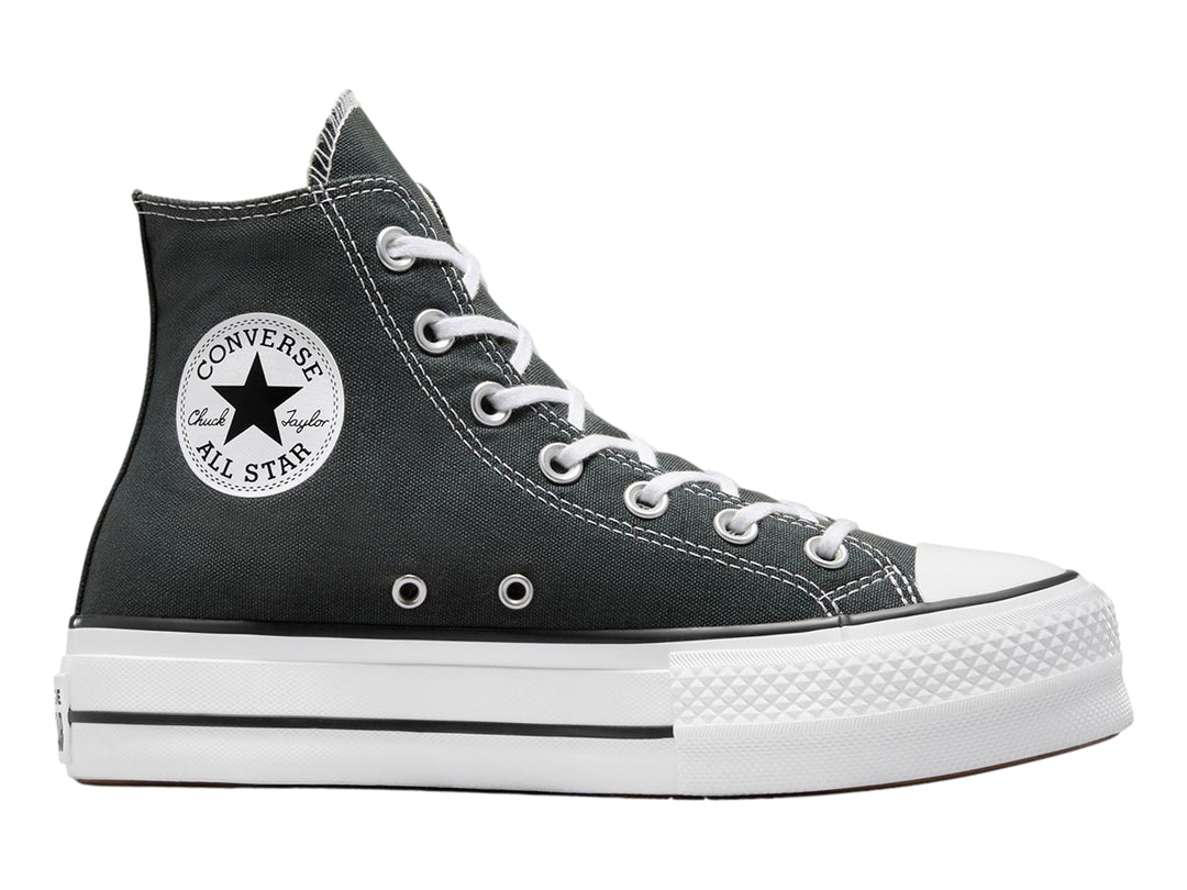 Tenis Converse Chuck Taylor All Star Lift HI en color gris oscuro con suela blanca de plataforma.