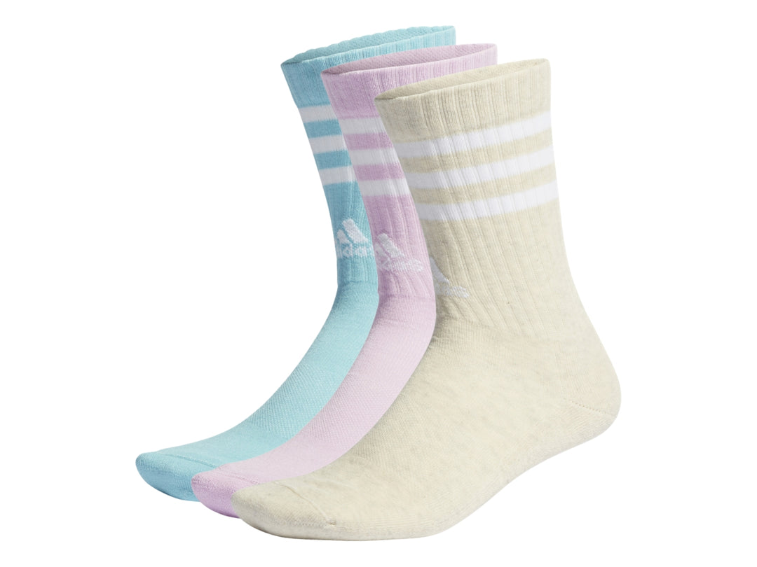 Paquete de tres pares de calcetines Adidas en colores blanco roto, lila y aqua con rayas blancas en la parte superior.