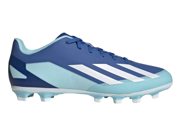 Zapato de fútbol Adidas Crazyfast en colores azul royal y celeste con franjas blancas laterales.