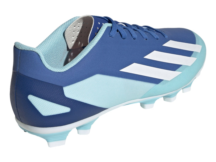 Zapato de fútbol Adidas Crazyfast en colores azul royal y celeste con franjas blancas laterales.