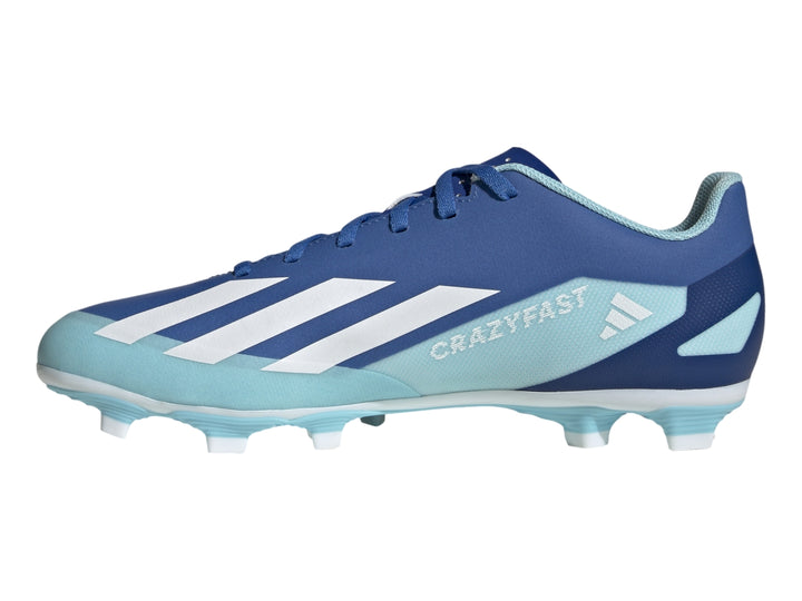 Zapato de fútbol Adidas Crazyfast en colores azul royal y celeste con franjas blancas laterales.