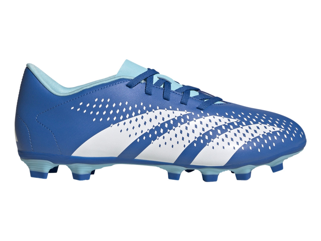 Zapato de fútbol Adidas Predator Accuracy en color azul brillante con tres franjas blancas y suela de tacos.