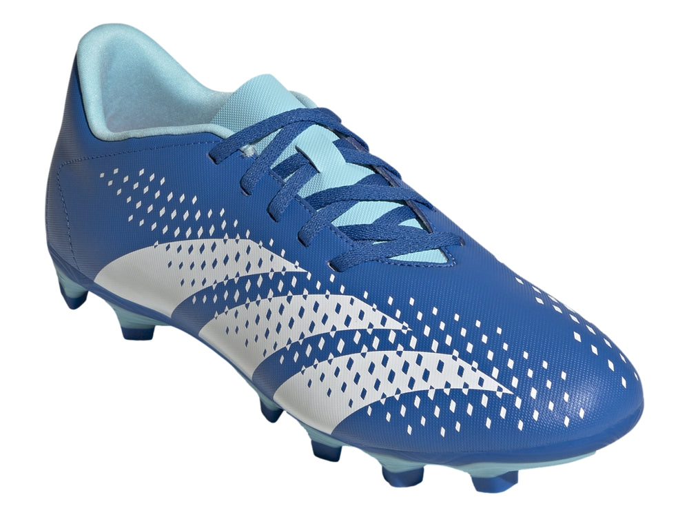 Zapato de fútbol Adidas Predator Accuracy en color azul brillante con tres franjas blancas y suela de tacos.