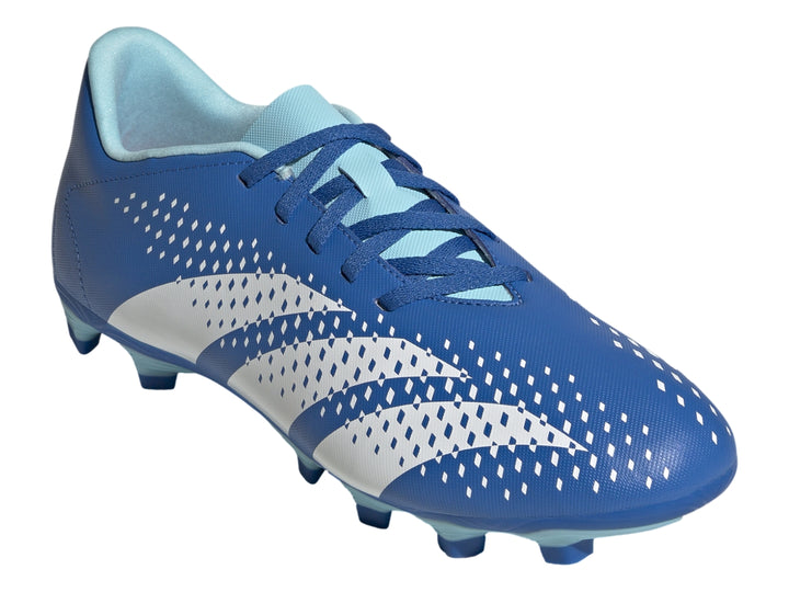 Zapato de fútbol Adidas Predator Accuracy en color azul brillante con tres franjas blancas y suela de tacos.