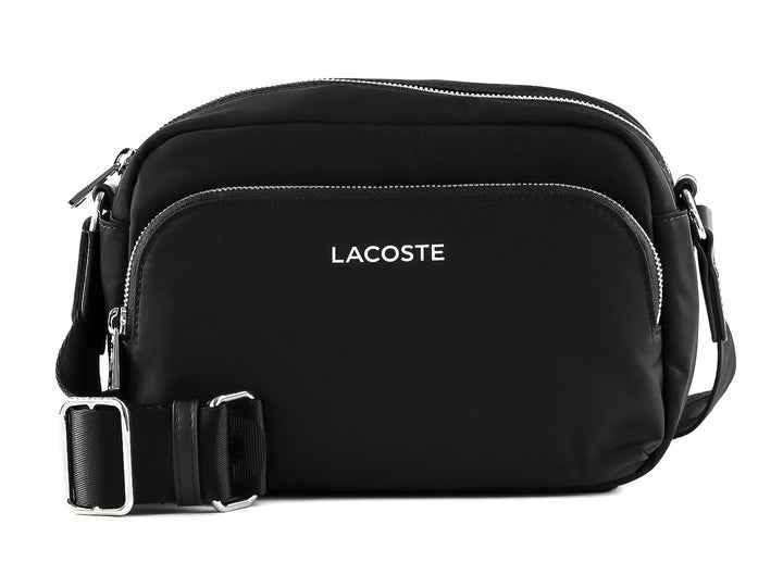 Bolso bandolera Lacoste color negro con cierres plateados y correa ajustable.