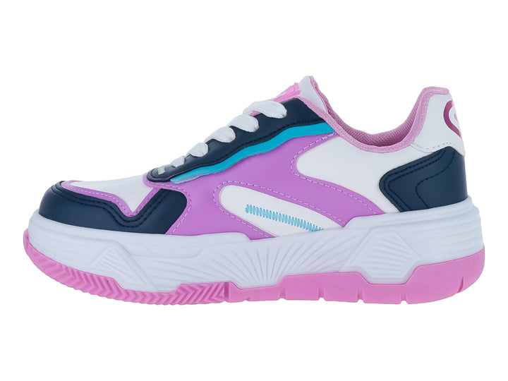 Tenis deportivos multicolores en blanco, rosa y azul marino con suela gruesa.