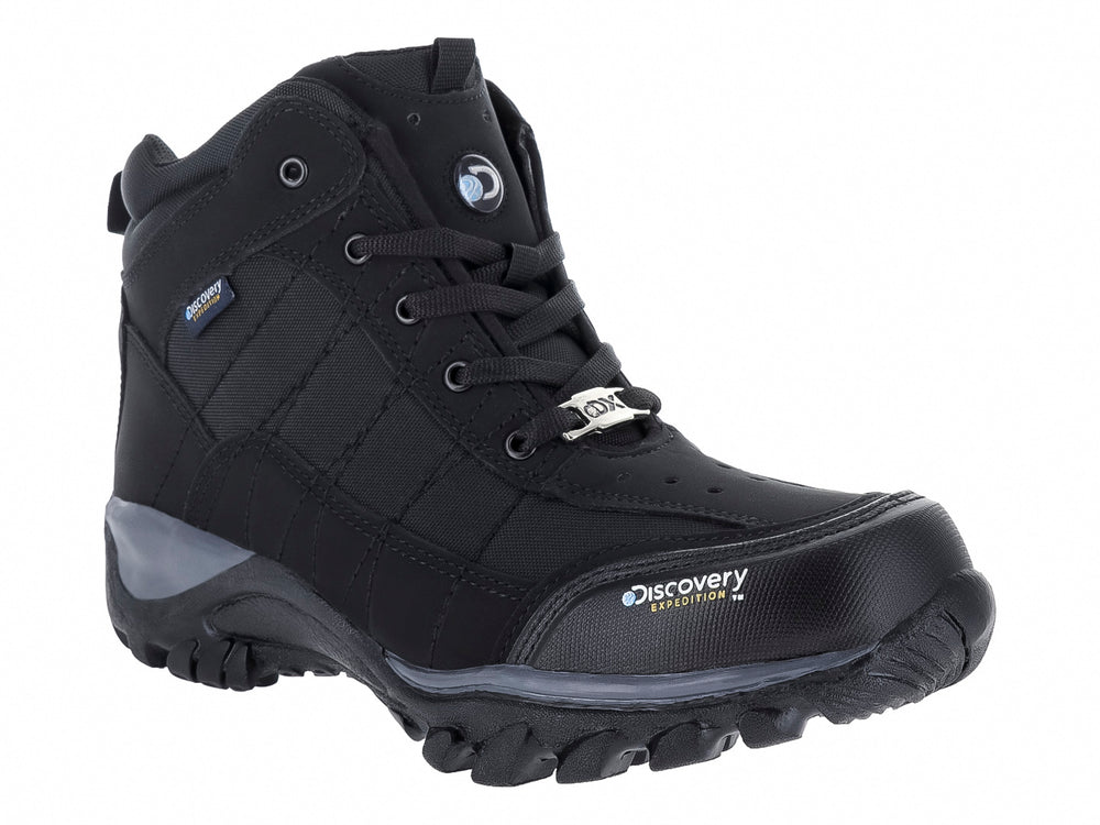 Bota deportiva Discovery de color negro con suela robusta y detalles en gris.