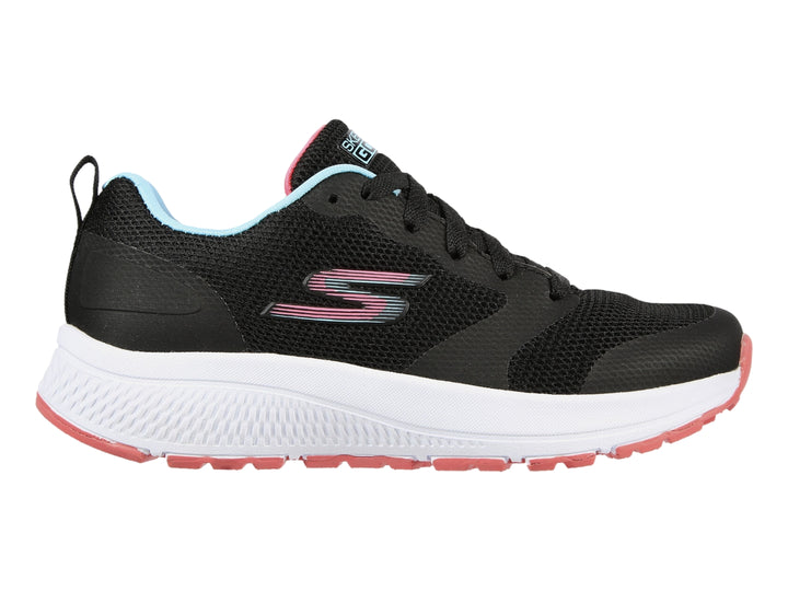 Tenis deportivos Skechers Go Run Consistent en color negro con suela blanca y detalles en rosa.
