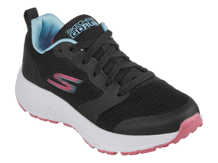 Tenis deportivos Skechers Go Run Consistent en color negro con suela blanca y detalles en rosa.