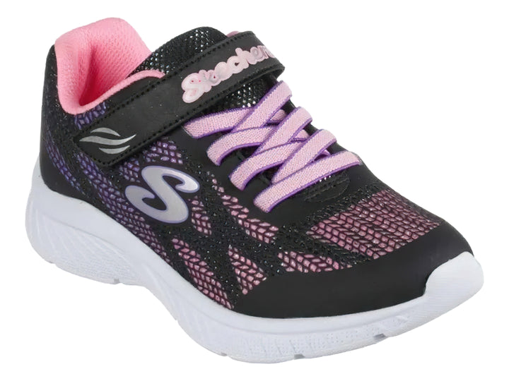 Tenis deportivos para niña color negro con detalles en rosa y suela blanca.