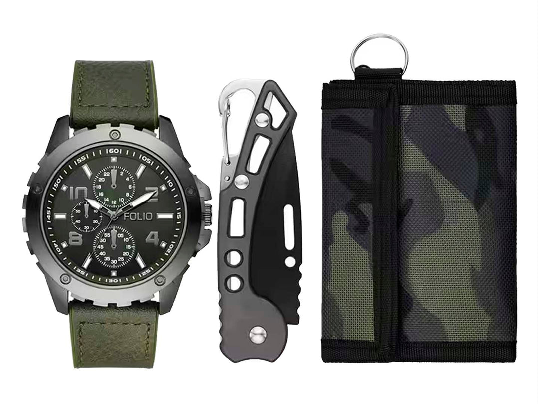 Set de 3 piezas Folio que incluye reloj con correa verde, herramienta multiusos negra y estuche con estampado camuflaje.