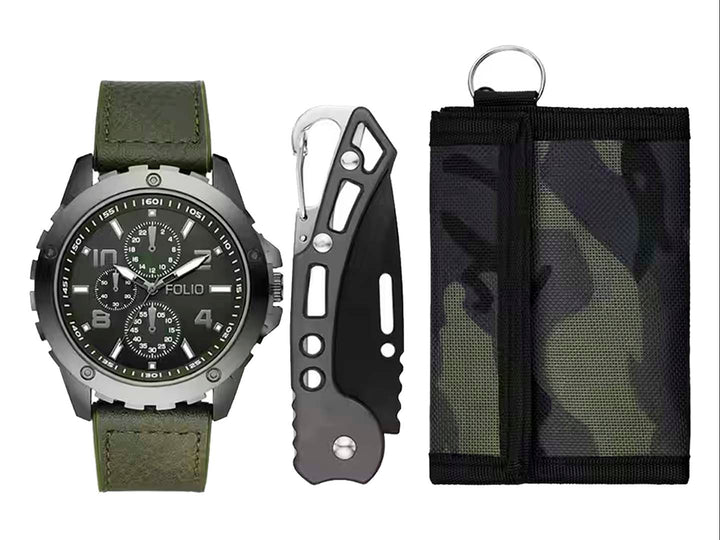 Set de 3 piezas Folio que incluye reloj con correa verde, herramienta multiusos negra y estuche con estampado camuflaje.