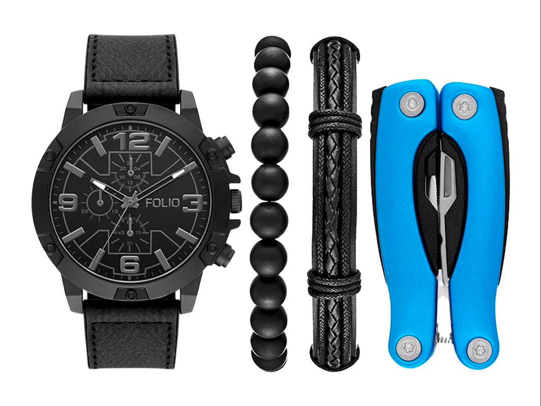 Set de 4 piezas FOLIO que incluye un reloj negro, dos pulseras negras y una herramienta multiusos azul.