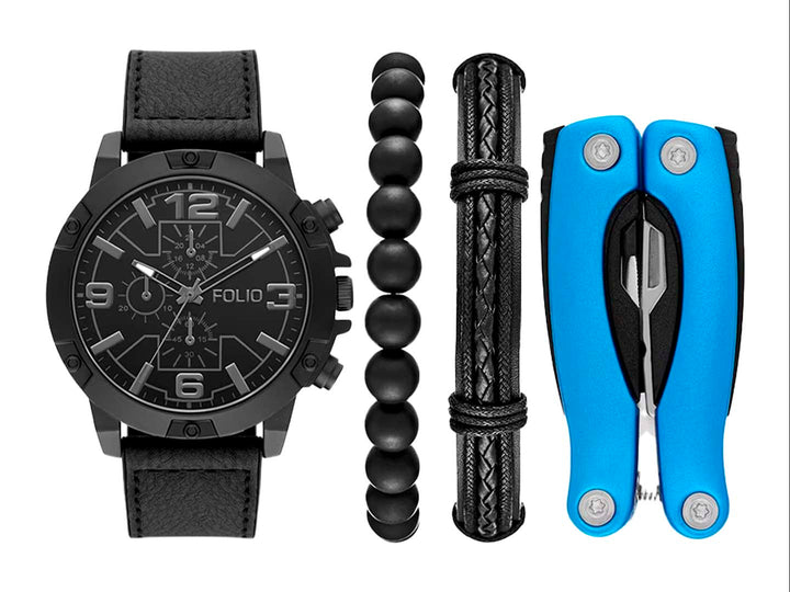 Set de 4 piezas FOLIO que incluye un reloj negro, dos pulseras negras y una herramienta multiusos azul.