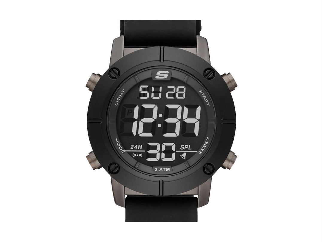 Set de 5 piezas que incluye un reloj digital negro y cuatro pulseras coordinadas en colores negro y gris.