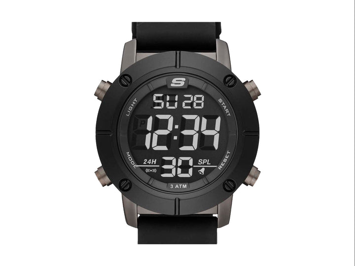 Set de 5 piezas que incluye un reloj digital negro y cuatro pulseras coordinadas en colores negro y gris.