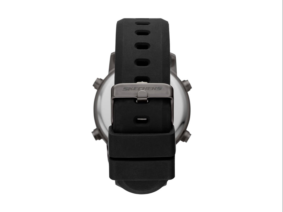 Set de 5 piezas que incluye un reloj digital negro y cuatro pulseras coordinadas en colores negro y gris.
