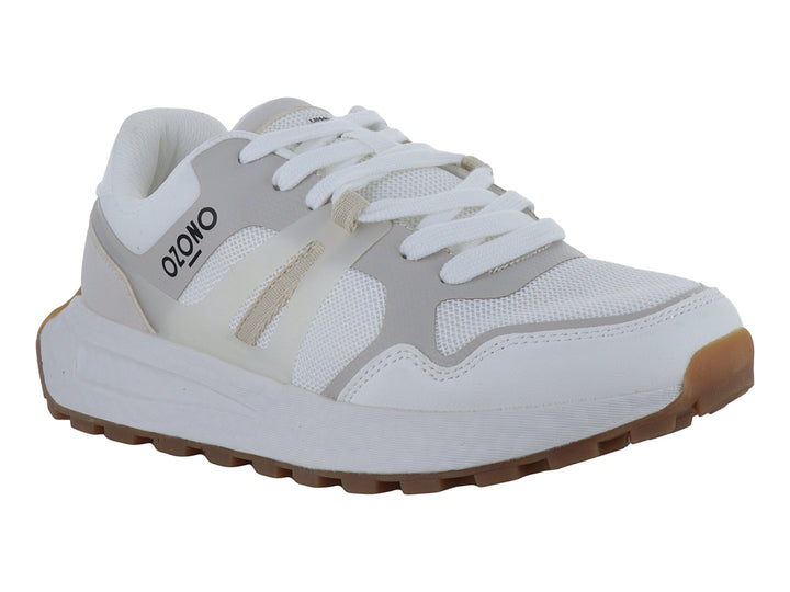 Tenis blancos Capa de Ozono con detalles en beige y suela marrón dentada.