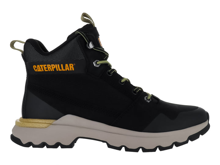 Tenis botín Caterpillar color negro con suela beige y detalles en amarillo.