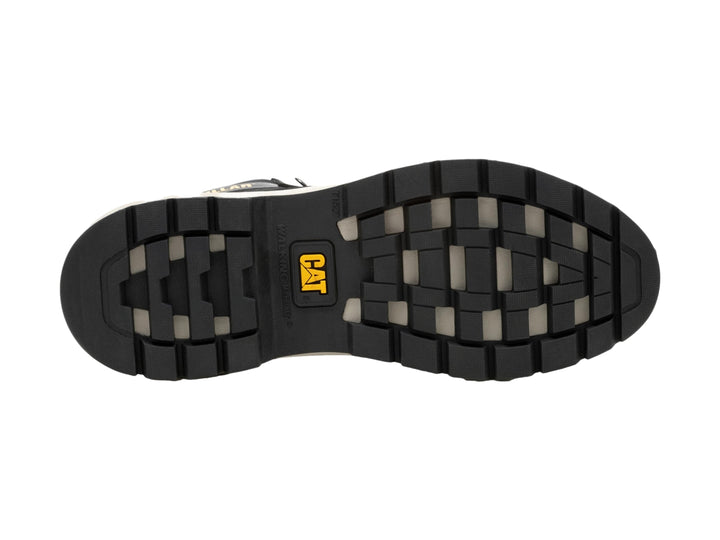 Tenis botín Caterpillar color negro con suela beige y detalles en amarillo.
