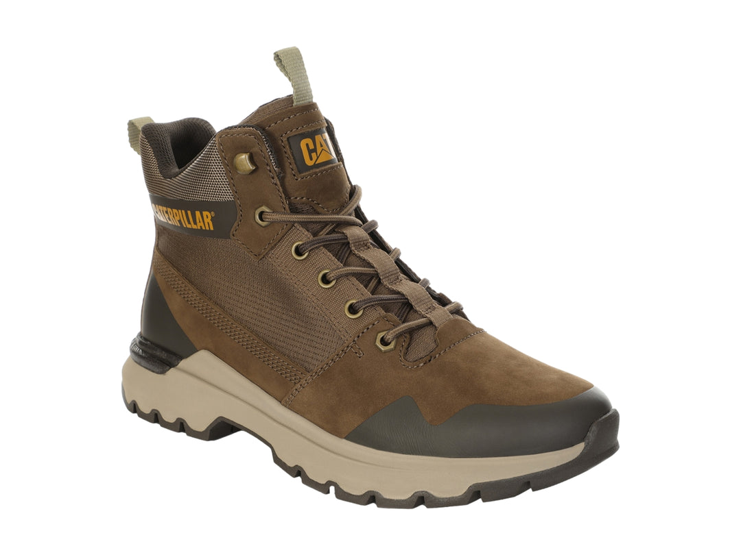 Zapato deportivo tipo bota Caterpillar en color marrón Dachshund con detalles en beige y malla textil.