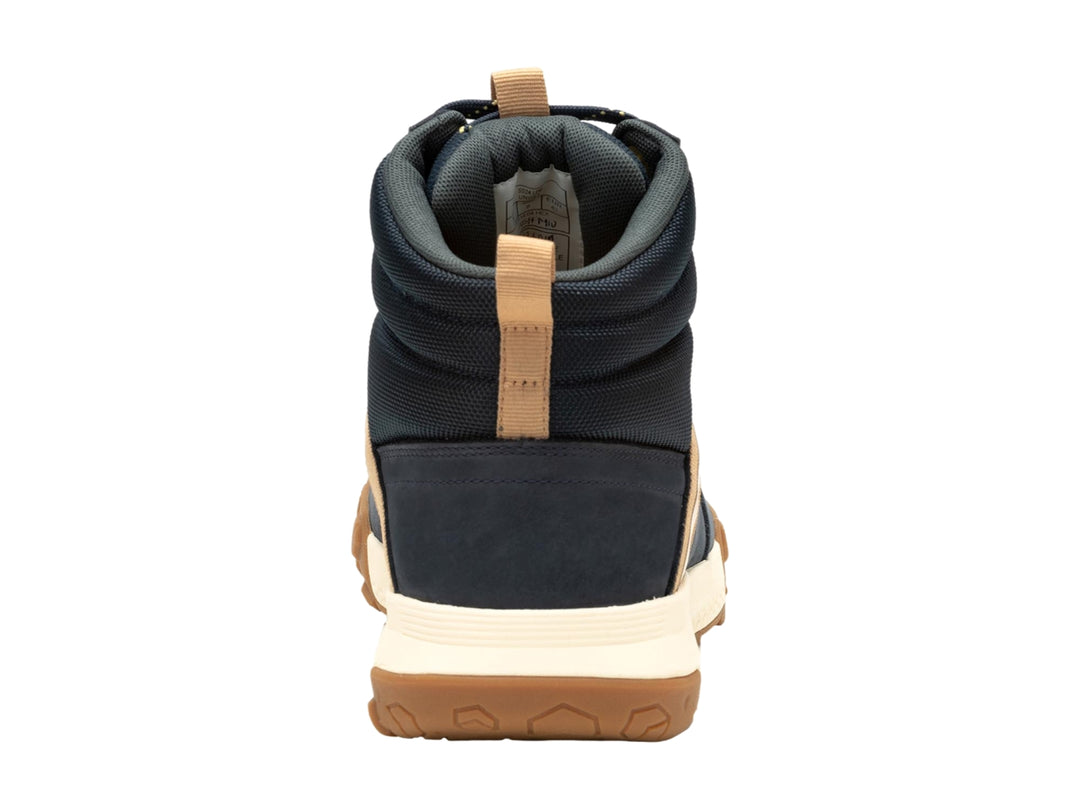 Bota Caterpillar azul oscuro con detalles en café y suela blanca y café para hombre.