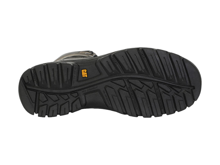 Bota de trabajo Caterpillar en color gris oscuro y negro con detalles amarillos y suela resistente.