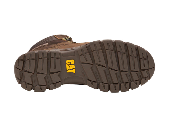 Bota de senderismo Caterpillar color mushroom en cuero con suela robusta y cierre de agujetas.
