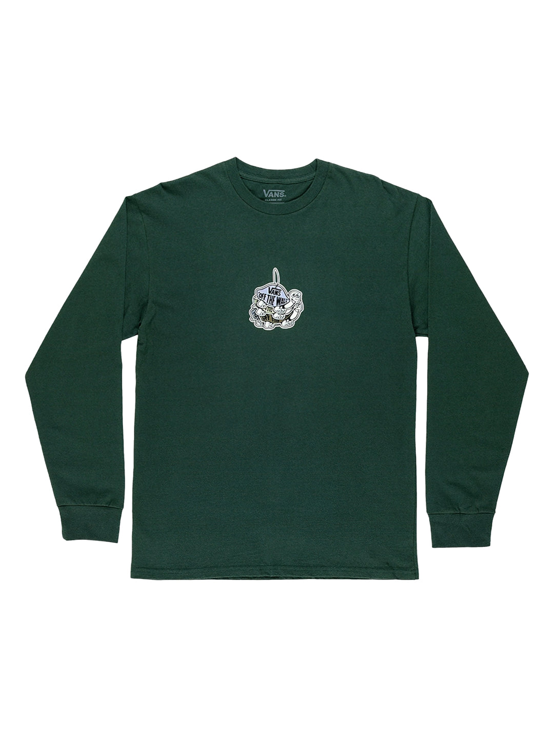 Camiseta de manga larga color verde oscuro de la marca VANS con un pequeño estampado central.