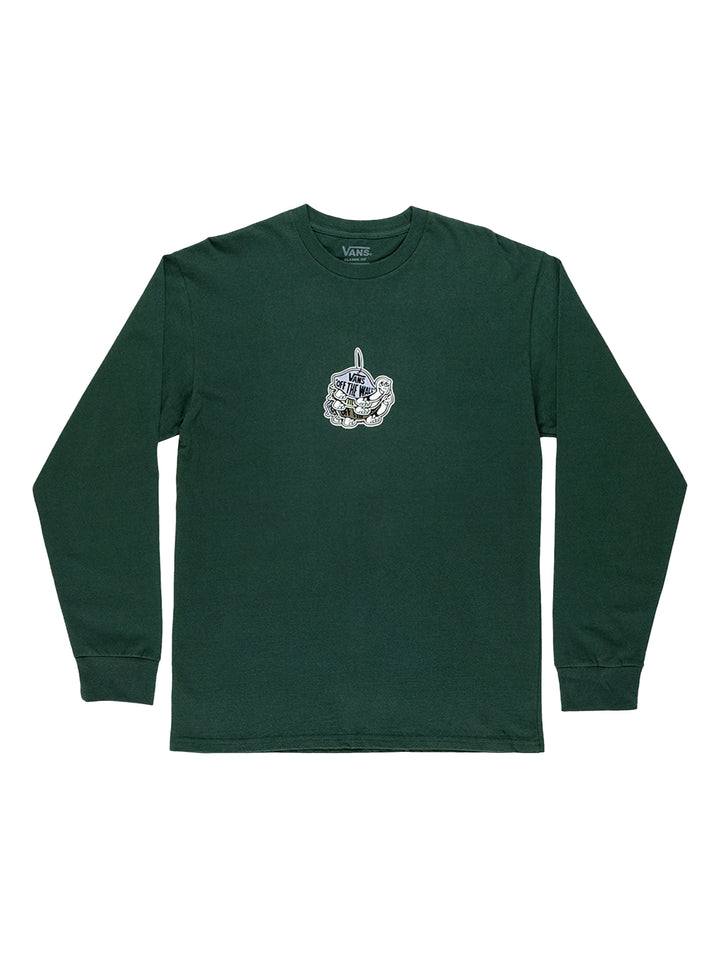 Camiseta de manga larga color verde oscuro de la marca VANS con un pequeño estampado central.