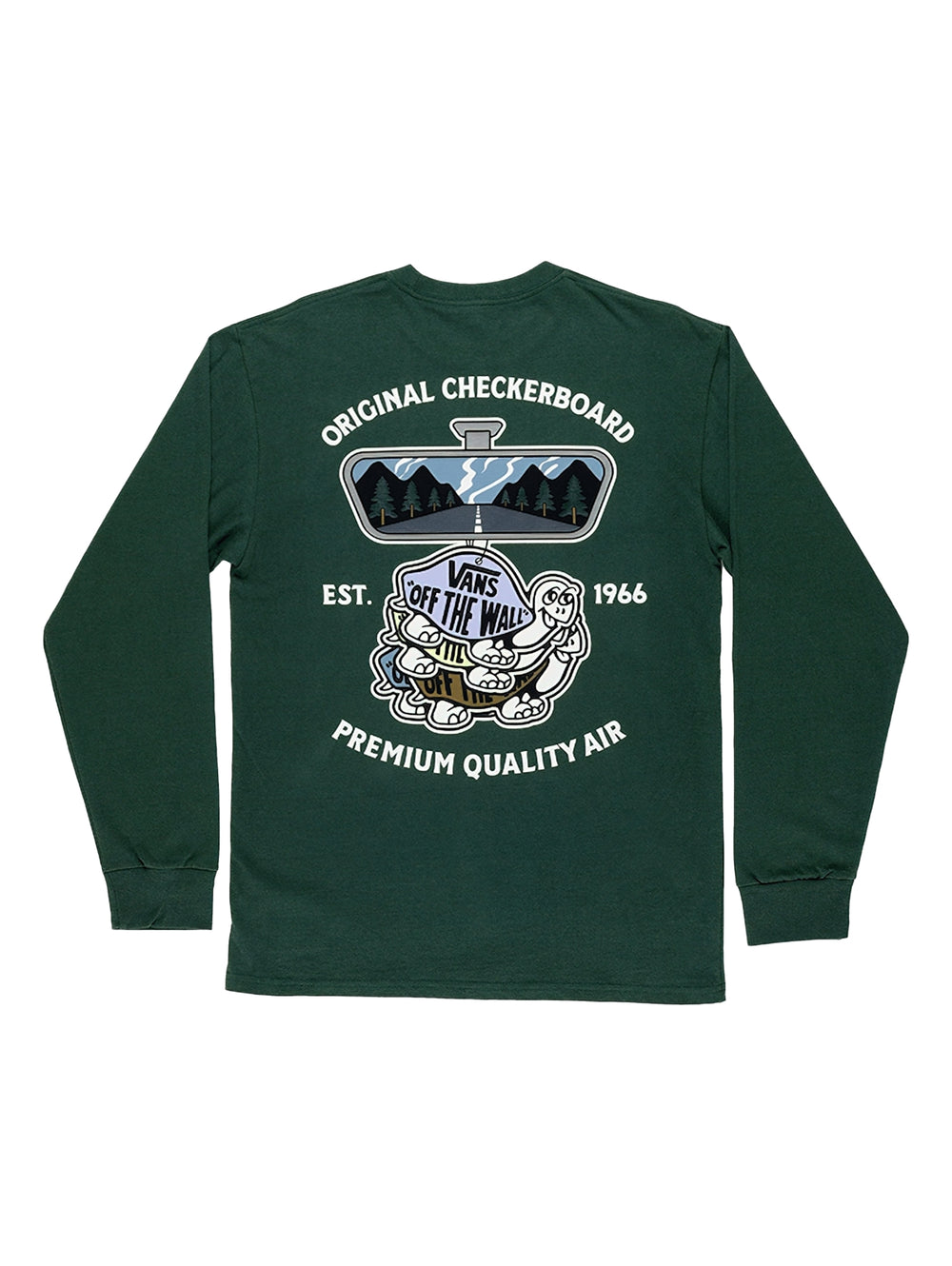 Camiseta de manga larga color verde oscuro de la marca VANS con un pequeño estampado central.