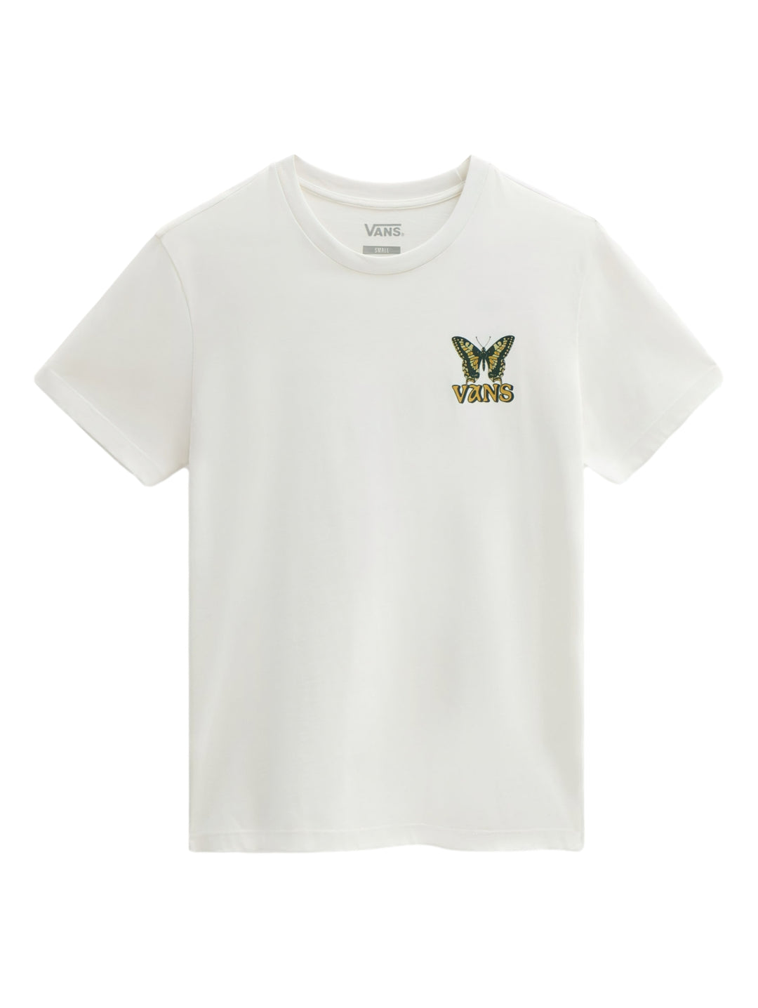 Camiseta de manga corta color blanco hueso con un pequeño estampado de mariposa y marca VANS en el pecho.