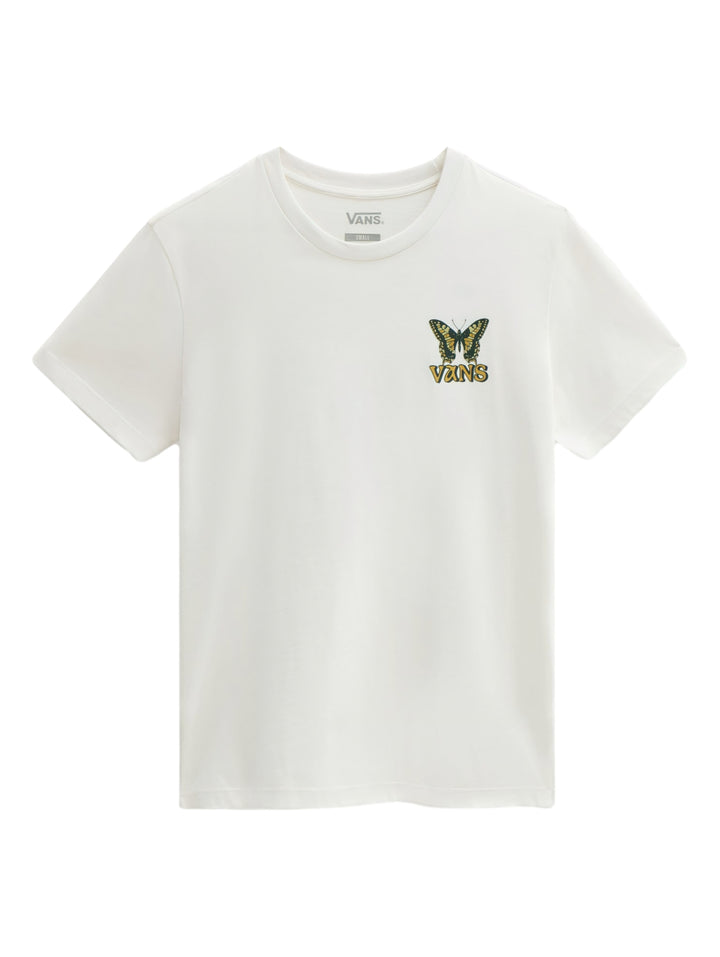 Camiseta de manga corta color blanco hueso con un pequeño estampado de mariposa y marca VANS en el pecho.