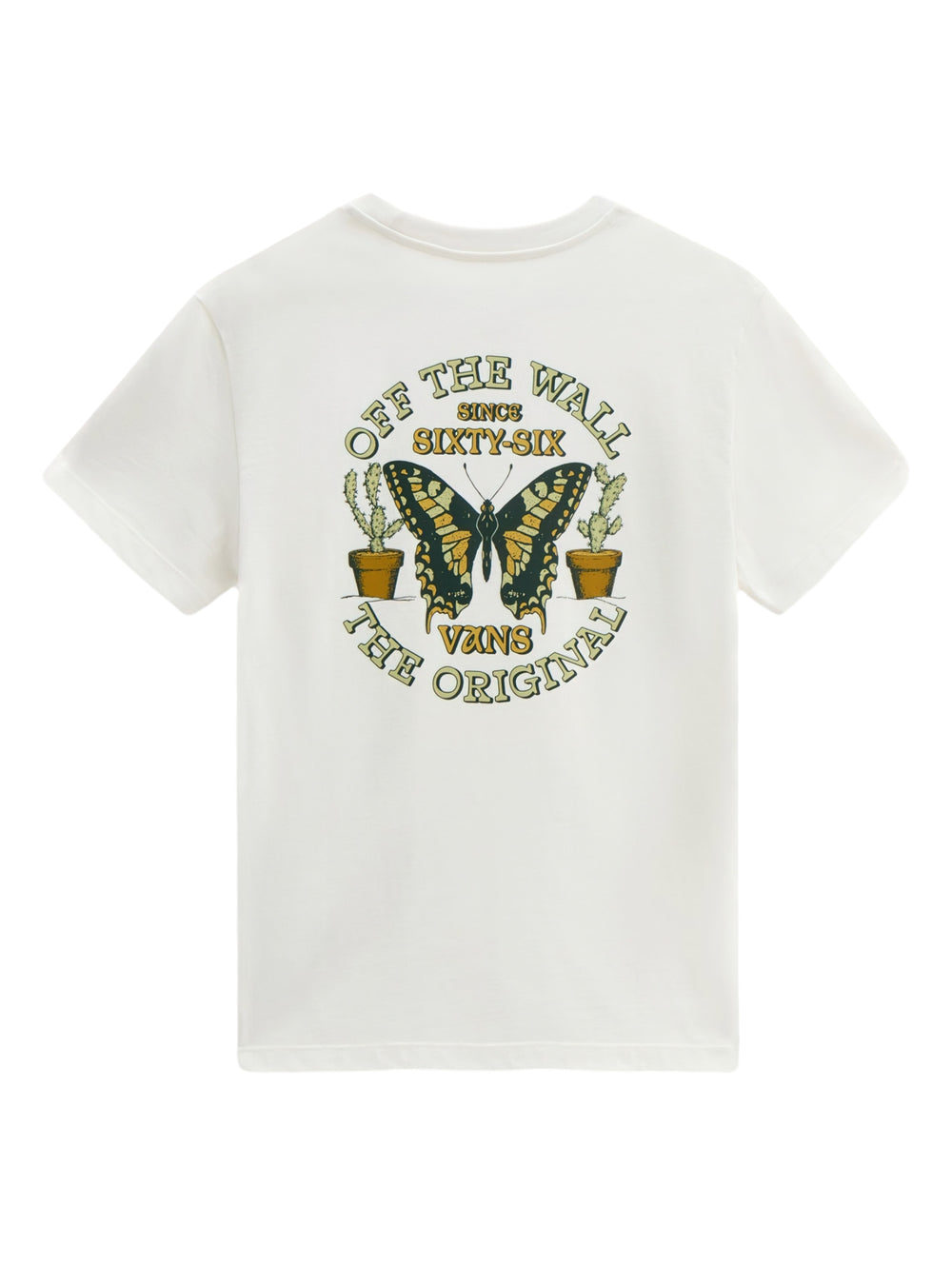 Camiseta de manga corta color blanco hueso con un pequeño estampado de mariposa y marca VANS en el pecho.