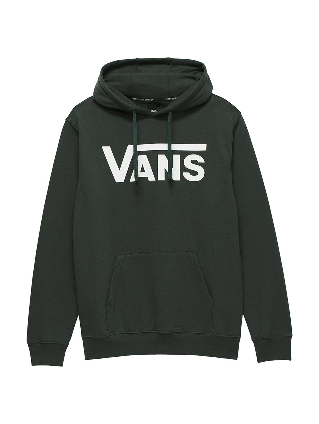 Hombre vistiendo sudadera con capucha color verde oscuro con logotipo de VANS en blanco en el pecho.