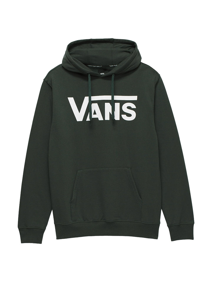 Hombre vistiendo sudadera con capucha color verde oscuro con logotipo de VANS en blanco en el pecho.