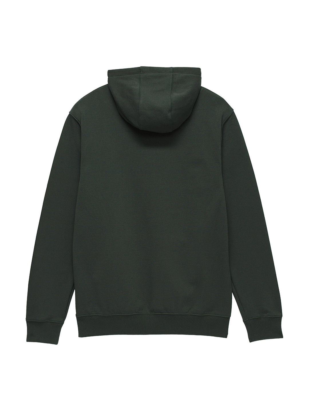 Hombre vistiendo sudadera con capucha color verde oscuro con logotipo de VANS en blanco en el pecho.