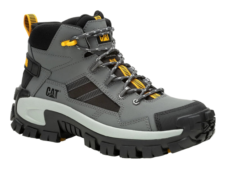 Bota Caterpillar modelo Invader Mid en color gris con detalles en negro y amarillo, diseño robusto para uso casual.