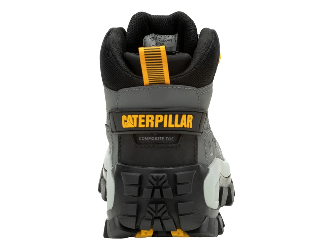 Bota Caterpillar modelo Invader Mid en color gris con detalles en negro y amarillo, diseño robusto para uso casual.