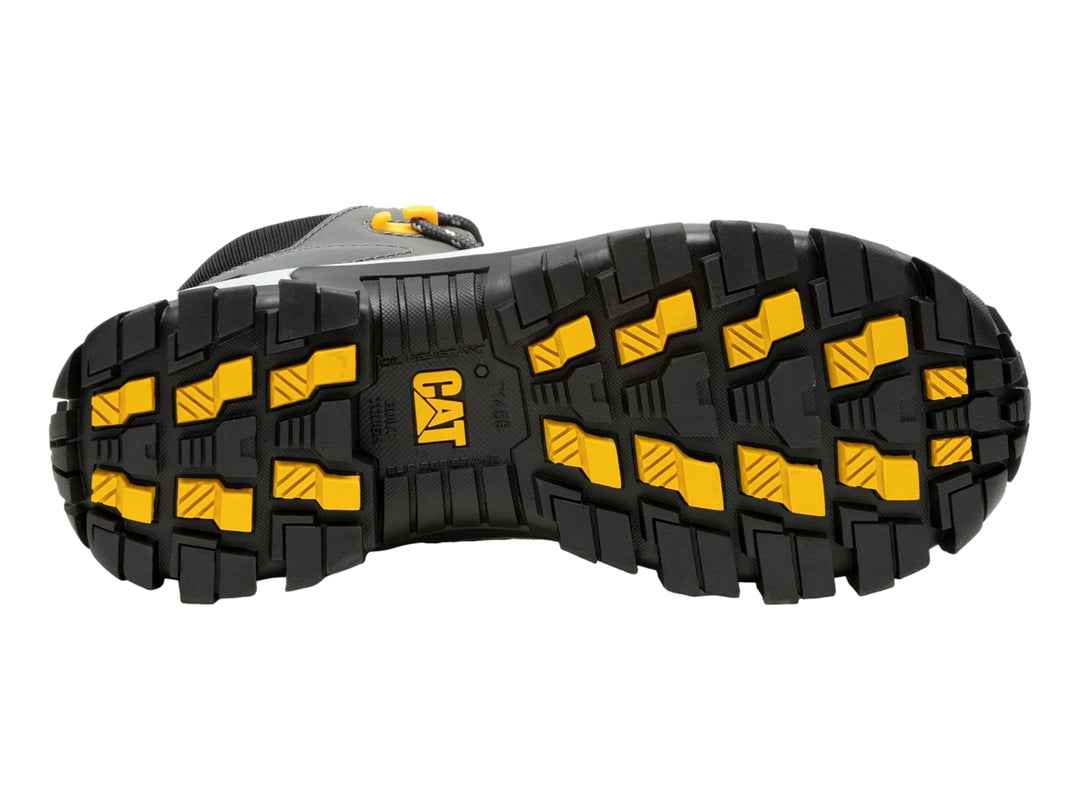Bota Caterpillar modelo Invader Mid en color gris con detalles en negro y amarillo, diseño robusto para uso casual.