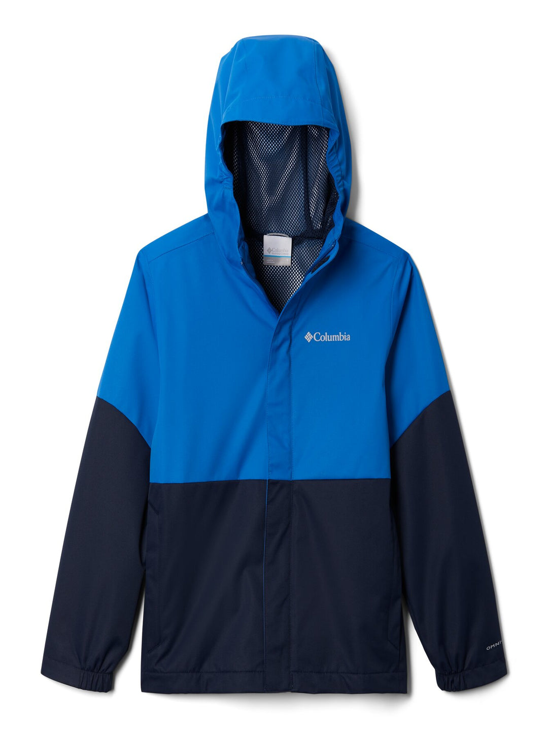 Chaqueta Columbia bicolor en azul brillante y azul marino con capucha.