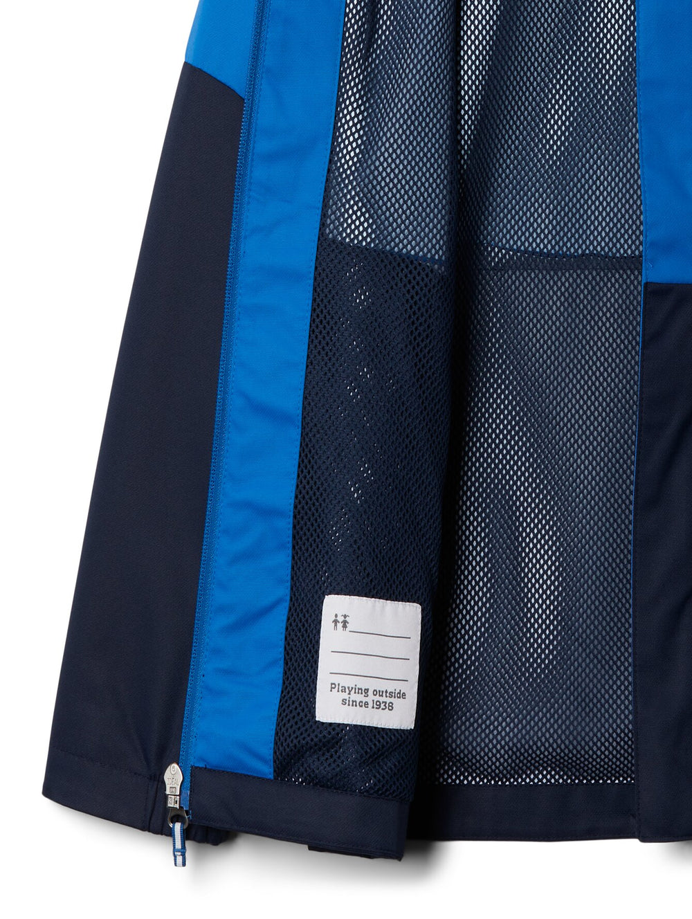 Chaqueta Columbia bicolor en azul brillante y azul marino con capucha.