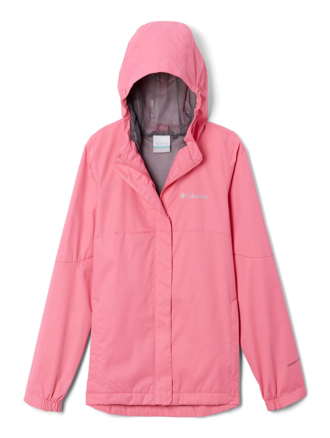 Chaqueta deportiva Columbia color rosa Camellia Rose con capucha y forro interior gris.