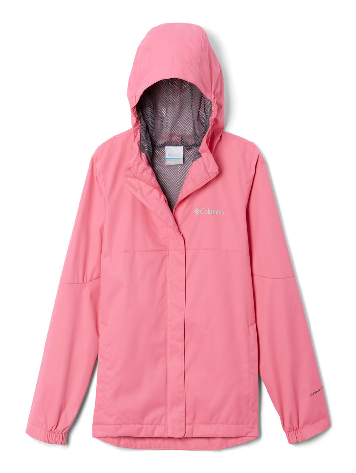 Chaqueta deportiva Columbia color rosa Camellia Rose con capucha y forro interior gris.